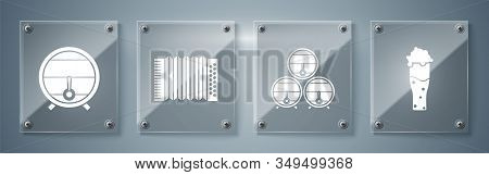 Set Glass Of Beer, Wooden Barrel On Rack With Stopcock, Musical Instrument Accordion And Wooden Barr