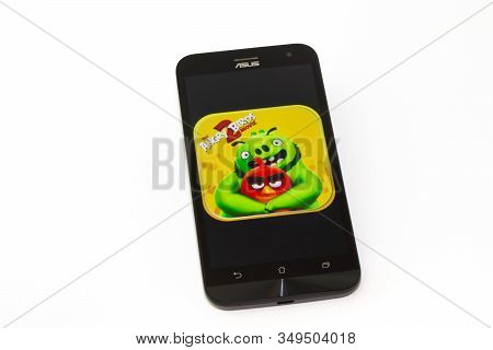 Kouvola, Finland - 23 January 2020: Game Angry Birds Logo On The Screen Of Smartphone Asus
