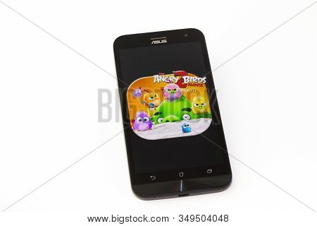 Kouvola, Finland - 23 January 2020: Game Angry Birds Logo On The Screen Of Smartphone Asus
