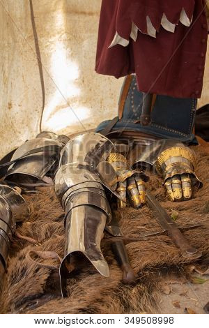 Medieval Swords And Armour Displayed On Animal Fur