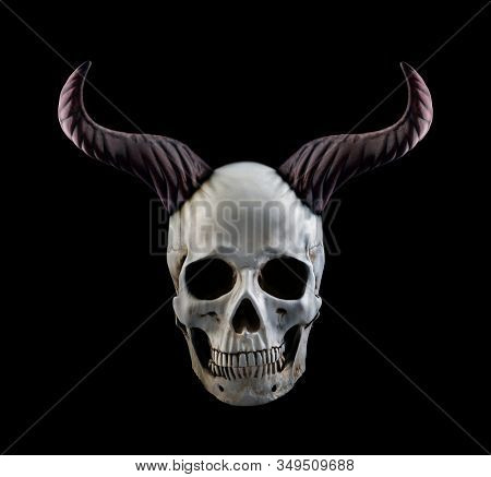 Human skull with horns isolated on black background
