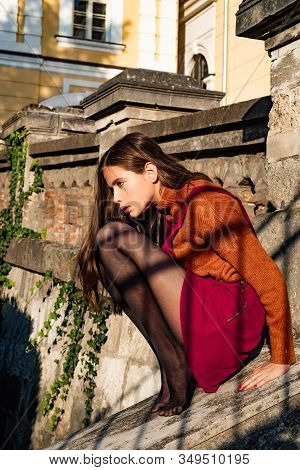 Beautiful Young Natural Looking Girl. Sensual Tender Brunette Woman In Autumn Stylish Outfit. Girl W