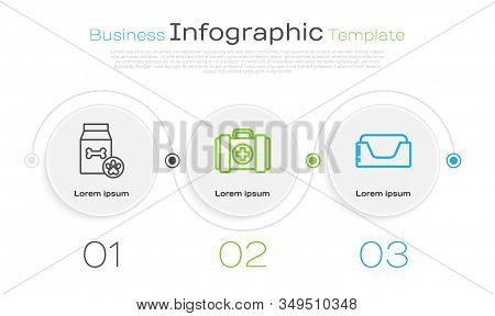 Set Line Bag Of Food For Pet, Pet First Aid Kit And Pet Bed. Business Infographic Template. Vector