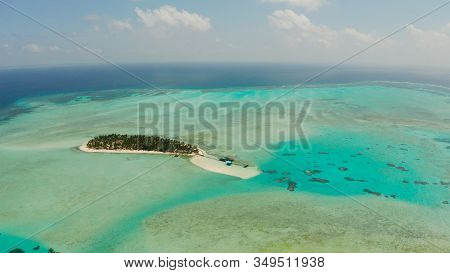Sand Beach And Tropical Islands By Atoll With Coral Reef, Top View. Onok Island, Balabac, Philippine
