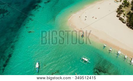 Travel Concept: Sandy Beach On A Tropical Island By Coral Reef Atoll From Above. Daco Island, Philip