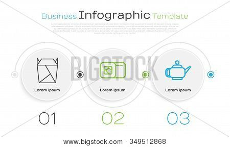 Set Line Rstaurant Opened Take Out Box Filled, Sushi And Japanese Tea Ceremony. Business Infographic