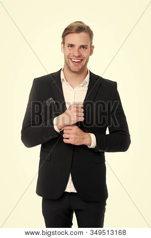 Professional Dress Code. Man Happy Well Groomed In Formal Suit, Isolated White Background. Male Fash