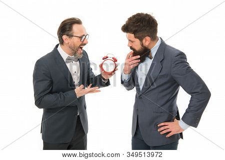 Encourage Discipline. Business People Formal Clothes Having Different Opinion About Time. Time Manag