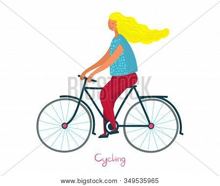 Woman Cycling A Bicycle. Hand Drawn Cartoon Vector Illustration Isolsted On White Background. Health