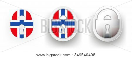 Set Of 3 Norway Vector Labels - Locked Padlock, Flat And Volumetric Style In Flag Colors Red, Blue, 