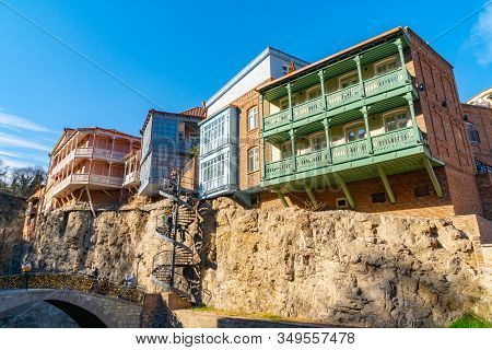 Abanotubani District With Wooden Carved Balconies In The Old Town Of Tbilisi