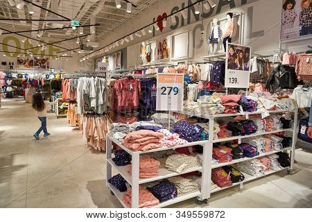 MOSCOW, RUSSIA - SEPTEMBER 14, 2019: interior shot of Sinsay store at Salaris shopping mall in Moscow.