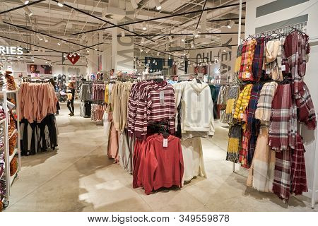 MOSCOW, RUSSIA - SEPTEMBER 14, 2019: interior shot of Sinsay store at Salaris shopping mall in Moscow.