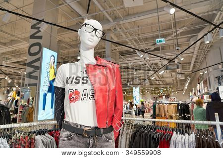 MOSCOW, RUSSIA - SEPTEMBER 14, 2019: interior shot of Sinsay store at Salaris shopping mall in Moscow.
