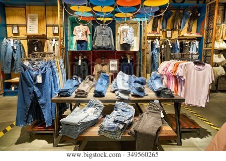 MOSCOW, RUSSIA - SEPTEMBER 14, 2019: interior shot of Cropp store at Salaris shopping mall in Moscow.