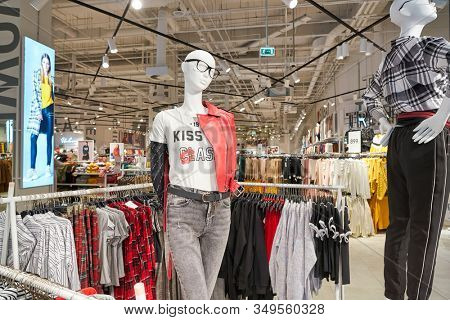 MOSCOW, RUSSIA - SEPTEMBER 14, 2019: interior shot of Sinsay store at Salaris shopping mall in Moscow.