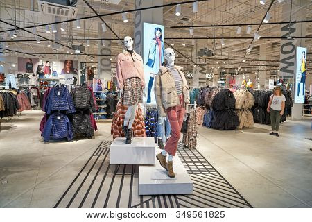 MOSCOW, RUSSIA - SEPTEMBER 14, 2019: interior shot of Sinsay store at Salaris shopping mall in Moscow.