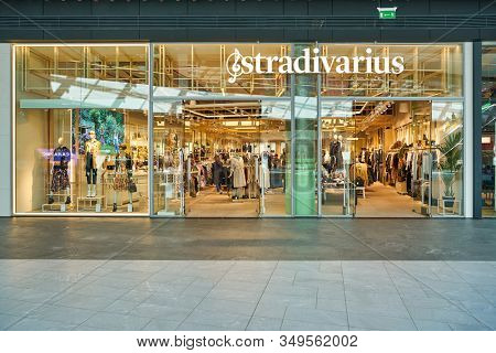 MOSCOW, RUSSIA - SEPTEMBER 14, 2019: entrance to Stradivarius store at Salaris shopping mall in Moscow. Stradivarius is an international women clothing fashion brand from Spain.