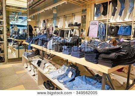 MOSCOW, RUSSIA - SEPTEMBER 14, 2019: interior shot of Stradivarius store at Salaris shopping mall in Moscow. Stradivarius is an international women clothing fashion brand from Spain.