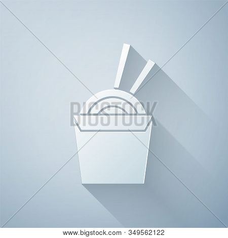 Paper Cut Asian Noodles In Paper Box And Chopsticks Icon Isolated On Grey Background. Street Fast Fo