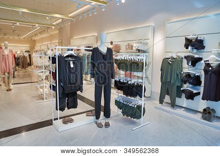 MOSCOW, RUSSIA - SEPTEMBER 14, 2019: interior shot of Oysho store at Salaris shopping mall in Moscow. Oysho is a Spanish clothing retailer specialising in women's homewear and undergarments.