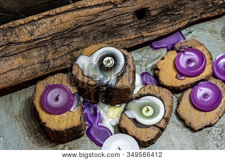 Scented Colored Candles Next To Incense And Energetic Rocks Much Peace And Rest