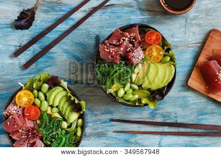 Hawaiian Tuna Poke Salad In The Bowls Top View