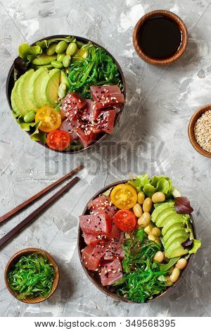 Hawaiian Tuna Poke Salad In The Bowl Top View