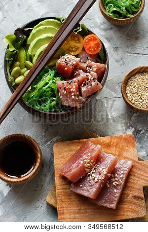Hawaiian Tuna Poke Salad In The Bowl Top View