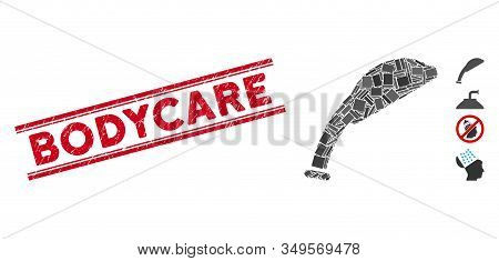 Mosaic Shower Head Icon And Red Bodycare Seal Stamp Between Double Parallel Lines. Flat Vector Showe