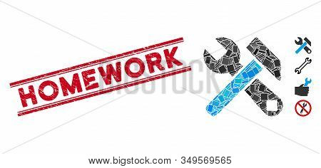 Mosaic Hammer And Wrench Icon And Red Homework Seal Stamp Between Double Parallel Lines. Flat Vector