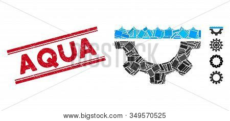 Mosaic Water Service Gear Pictogram And Red Aqua Seal Stamp Between Double Parallel Lines. Flat Vect