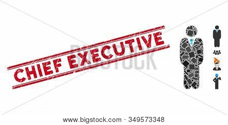 Mosaic Standing Manager Pictogram And Red Chief Executive Seal Stamp Between Double Parallel Lines. 