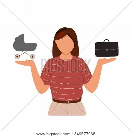 Young Woman Choosing Between Two Options. Vector Trendy Hand Drawn Illustration. Family Vs Career Co