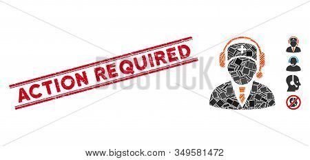Mosaic Emergency Manager Pictogram And Red Action Required Seal Between Double Parallel Lines. Flat 