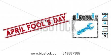 Mosaic Wrench Tool Calendar Day Pictogram And Red April Fools Day Seal Stamp Between Double Parallel