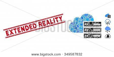 Mosaic Cloud Computing Icon And Red Extended Reality Stamp Between Double Parallel Lines. Flat Vecto