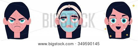 A Set Of Images About Problem Skin With Blackheads, Mask Application From Black Dots And Clean Skin.