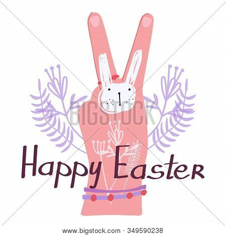 A Drawing Of A Cute White Bunny On His Arm. Gesture With Fingers Of Latin Letter 