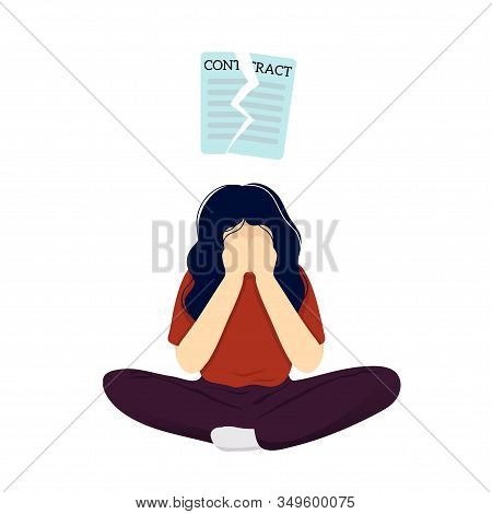 Young Woman In Depression After Dismissal Sitting Crosslegged With Teared Contract Over Her Head And