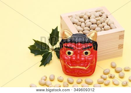 Japanese Traditional Setsubun Event, Soybeans And Masks Of Oni Demon Are Used On An Annual Event