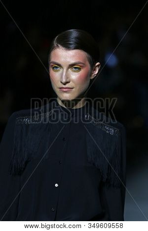 Kyiv, Ukraine - February 2, 2020: Profile Portrait Of Model Seen During The Fashion Presentation By 