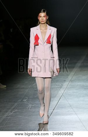Kyiv, Ukraine - February 2, 2020: Model Presents A Collection Of Authentic Ukrainian Clothes By Desi
