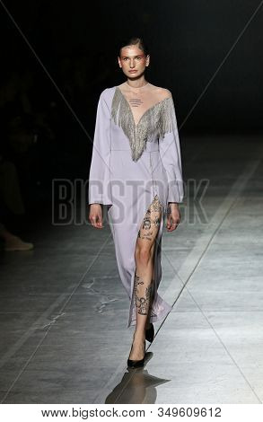 Kyiv, Ukraine - February 2, 2020: Model Presents A Collection Of Authentic Ukrainian Clothes By Desi