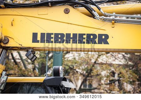 Prague, Czechia - November 3, 2019: Liebherr Logo On Some Equipment Machinery On A Construction Site