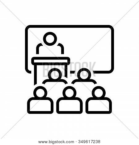 Black Line Icon For Lecture Seminar Conference Ideas Audience Desk Communication Corporate Presentat