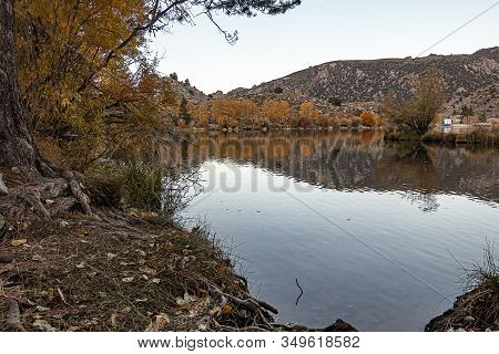 Large Lake Reflecting Autumn Trees Colors And The Mountain