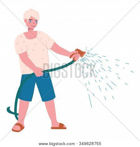 A Young Man Sprays Water From A Hose With A Sprayer. Flat Vector Illustration