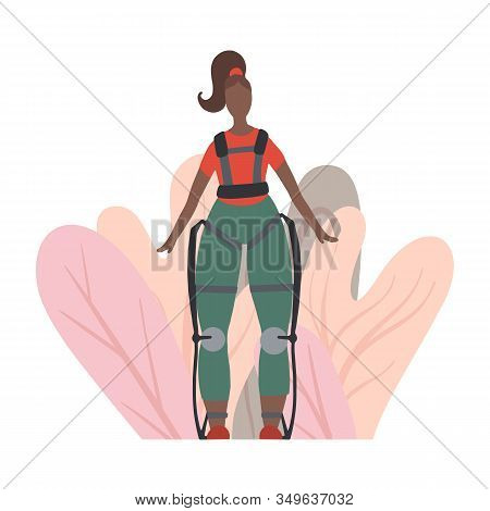 Illustration Of An African Woman In Exosuit With Abstract Foliage. Medical Exoskeleton To Help Peopl