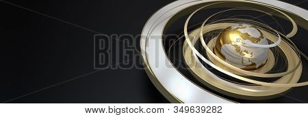 3D rendering of a glolden earth with swirls suggesting orbits and rotation